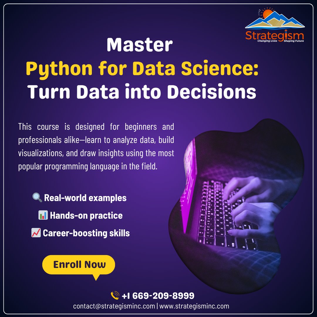 strategisminc's tweet image. 🚀 Step into the future with Python for Data Science!

Whether you&apos;re looking to boost your career or start a new one, Python for Data Science is your gateway to mastering data-driven decision-making.

☎ +1 669-209-8999

:
#PythonForDataScience #LearnPython #DataScience #Upskill