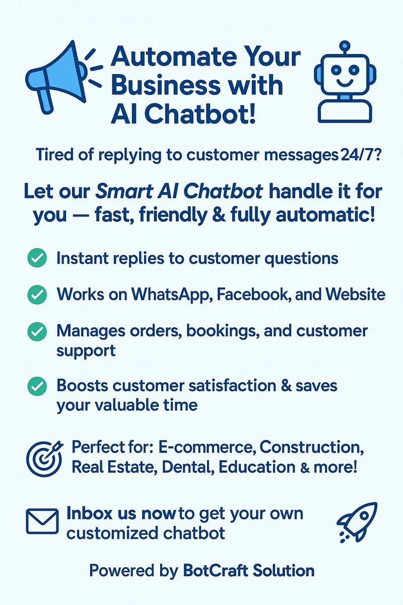 BotCraftSLN's tweet photo. 📣 Automate Your Business with AI Chatbot! 🤖
Tired of replying to customer messages 24/7?
Let our Smart AI Chatbot handle it for you — fast, friendly &amp; fully automatic!

📩 Inbox us now to get your own customized chatbot 🚀
🔗 Powered by BotCraft Solution 

#BotCraftSolution https://t.co/ViNiXOo5aG