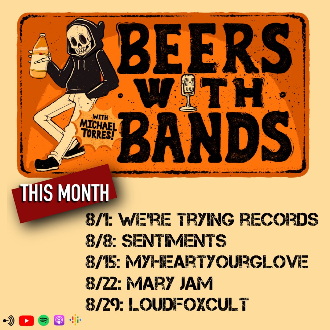 Beers With Bands (@beerswbandspod) on Twitter photo The heat keeps rolling this August!
8/1: <a href="/weretryingrec/">We're Trying Records</a>
8/8: Sentiments
8/15: <a href="/MyHeartYourGlov/">MyHeartYourGlove</a>
8/22: Mary Jam
8/29: <a href="/loudfoxcult/">LoudFoxCult</a> The heat keeps rolling this August!
8/1: <a href="/weretryingrec/">We're Trying Records</a>
8/8: Sentiments
8/15: <a href="/MyHeartYourGlov/">MyHeartYourGlove</a>
8/22: Mary Jam
8/29: <a href="/loudfoxcult/">LoudFoxCult</a>