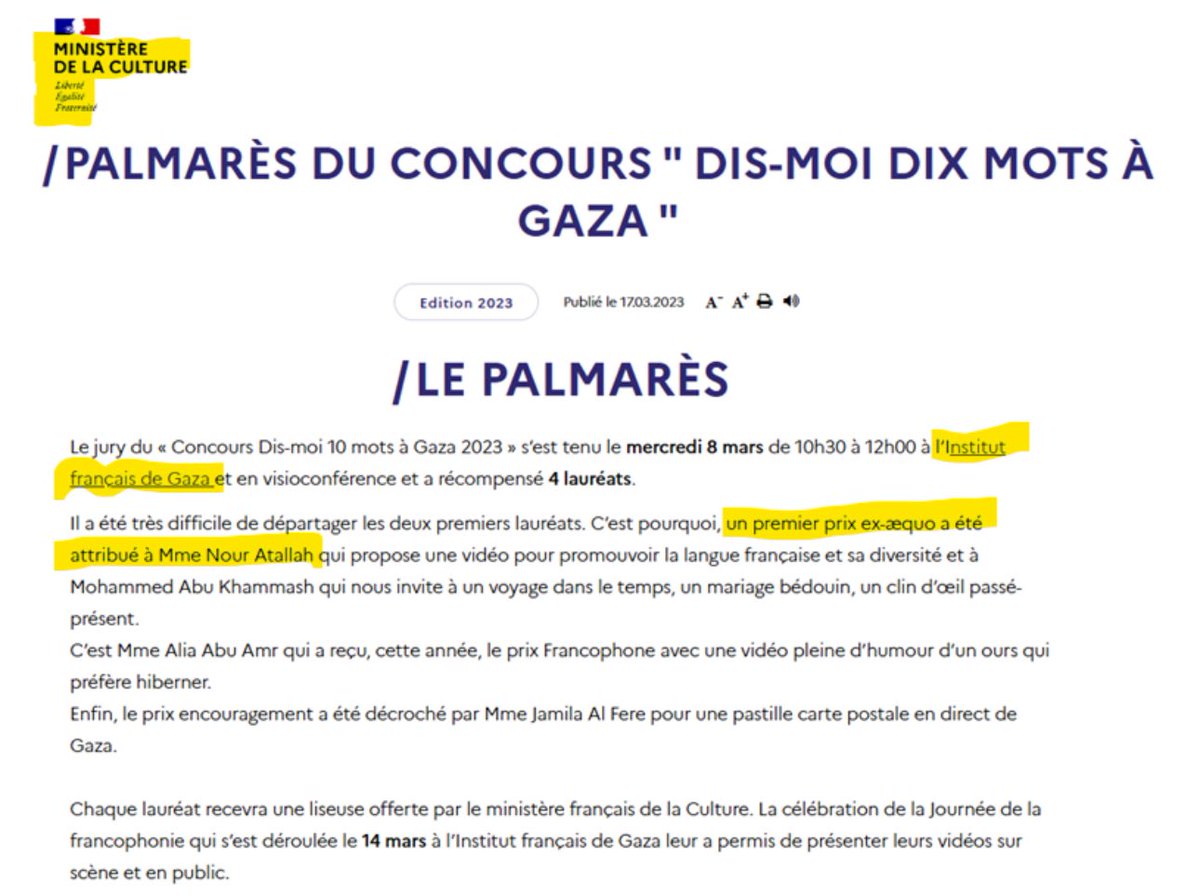 SwordOfSalomon (@swordofsalomon) on Twitter photo 🏆🇫🇷🇵🇸 En 2023, <a href="/MinistereCC/">Ministère de la Culture 🇫🇷</a> et <a href="/IFrancaisGaza/">InstitutFrançaisGaza</a> ont décerné un prix à Nour Attala. 🏆🇫🇷🇵🇸 En 2023, <a href="/MinistereCC/">Ministère de la Culture 🇫🇷</a> et <a href="/IFrancaisGaza/">InstitutFrançaisGaza</a> ont décerné un prix à Nour Attala.