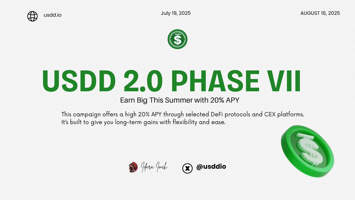 This summer just got hotter!

The USDD 2.0 20% Staking Campaign is back and now entering Phase VII giving you more ways to earn with your stablecoins 💸

𝗖𝗮𝗺𝗽𝗮𝗶𝗴𝗻 𝗗𝘂𝗿𝗮𝘁𝗶𝗼𝗻

July 19, 2025 – August 16, 2025 (SGT)

Rewards are now live and rolling out weekly on