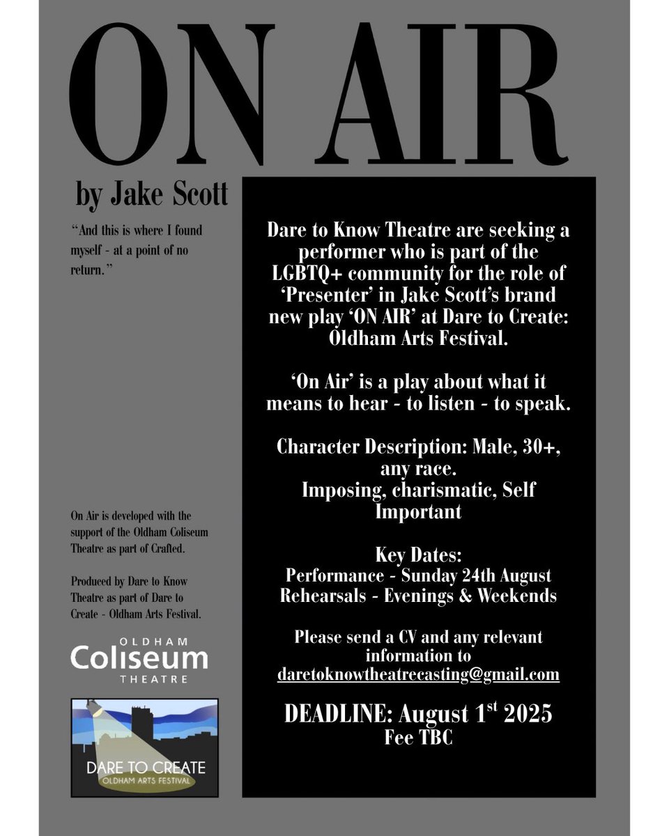 Dare to Know Theatre (@daretoknowtc) on Twitter photo CASTING CALL
See details below for exciting casting call for Jake Scott’s new play - ‘On Air’!
Please email: daretoknowtheatrecasting@gmail.com CASTING CALL
See details below for exciting casting call for Jake Scott’s new play - ‘On Air’!
Please email: daretoknowtheatrecasting@gmail.com