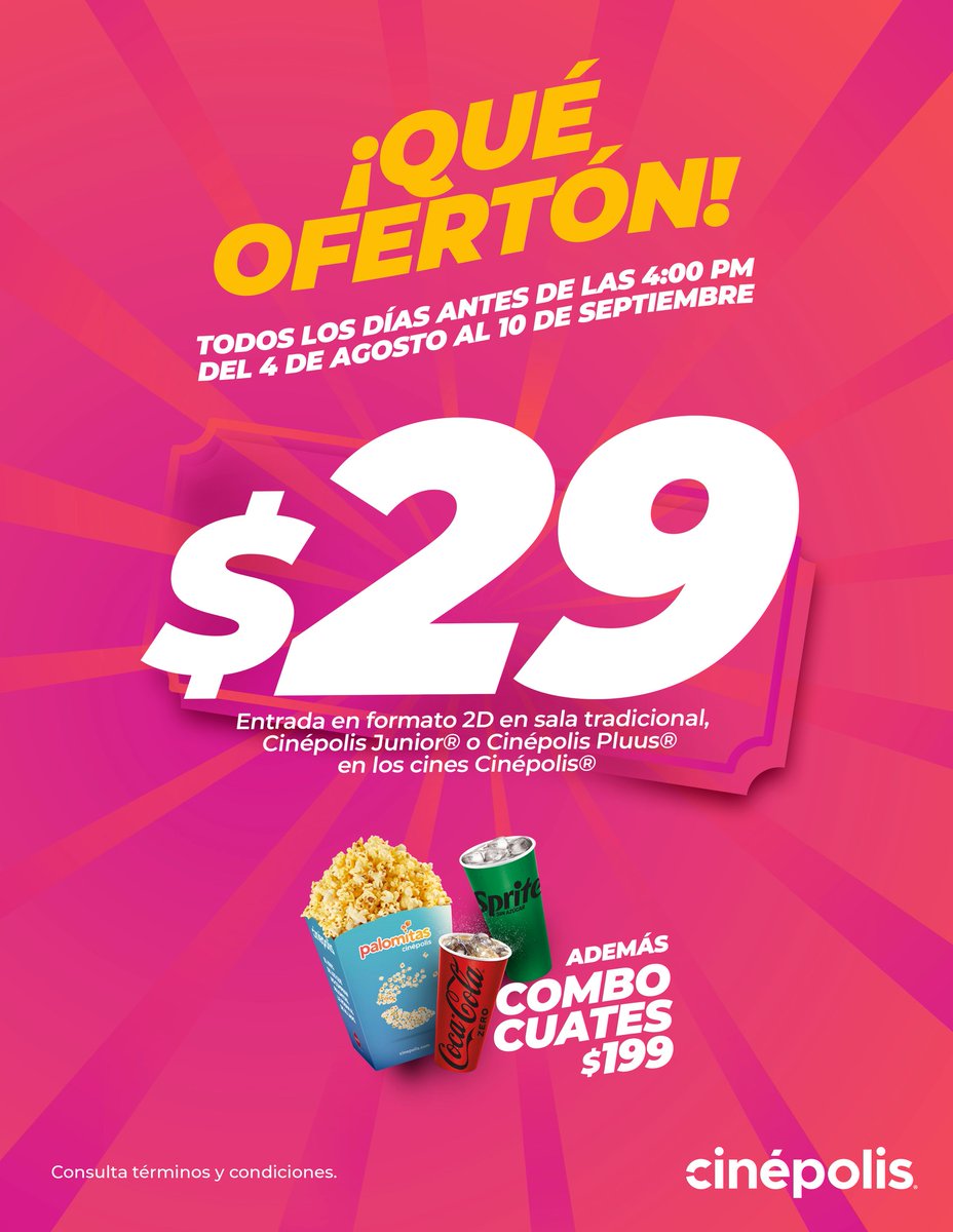 enfoqueyucatan's tweet photo. Cinépolis anunció su promoción ¡Qué ofertón!, que durará más de un mes, a partir de este lunes 4 de agosto hasta el 10 de septiembre próximo.

De lunes a domingo, las funciones que se proyecten antes de las 4 pm constarán 29 pesos. https://t.co/Q2EzWIJQyP