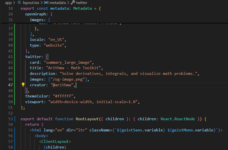 umeshsuwal_'s tweet photo. #LSPPDay60
Today I learned SEO in Next.js App Router, added meta tags, OG/Twitter previews, theme color, and better font loading.
@lftechnology
#60DaysOfLearning2025 #LearningWithLeapfrog https://t.co/DjZKBS9EKj