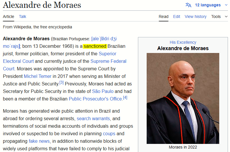 🚨AGORA: Página em inglês da Wikipedia atualiza status de Alexandre de Moraes: "Jurista brasileiro sancionado"

Palavra 'sanctioned' surge logo na qualificação de sua biografia na página.