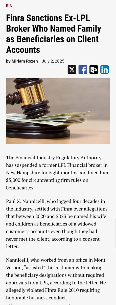 Does the fine match the crime? 

$5,000 for...

"Paul X. Nannicelli, who logged four decades in the industry, settled with <a href="/FINRA/">FINRA</a> over allegations that between 2020 and 2023 he named his wife and children as beneficiaries of a widowed customer's accounts even though they had