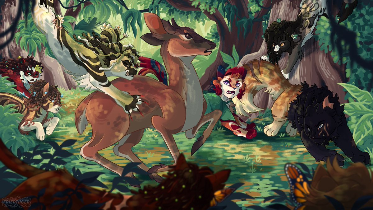 🍃🌴 HUNTING PARTY 🌴🍃

An artfight attack featuring several cats from the South Rains of Serpentine Promise (a WCRP run by BADMlRACLE) working together to take down a red brocket deer!