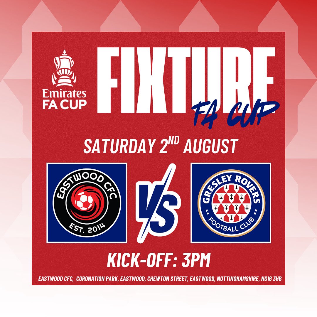 Gresley Rovers (@gresleyrovers) on Twitter photo UP NEXT โฌ๏ธ
This Saturday, weโre hitting the road to take on <a href="/EastwoodCFCV2/">Eastwood CFC</a> in the FA Cup Extra Preliminary Round ๐ค
Come and show your support for the lads ! ๐ฃ๏ธ
#GRFC UP NEXT โฌ๏ธ
This Saturday, weโre hitting the road to take on <a href="/EastwoodCFCV2/">Eastwood CFC</a> in the FA Cup Extra Preliminary Round ๐ค
Come and show your support for the lads ! ๐ฃ๏ธ
#GRFC