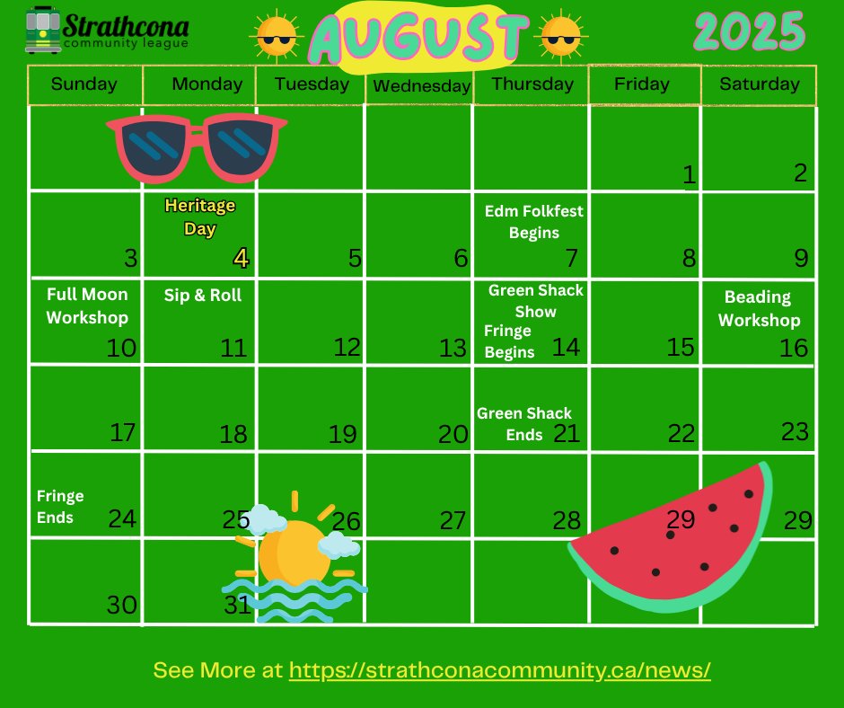 Upcoming in August 2025

Welcome to our monthly post about upcoming events from Strathcona Community League.

New events can be added at any time, so please keep checking our social media or strathconacommunity.ca/news/ and strathconacommunity.ca/events/ for all the details.

#strathconaCL