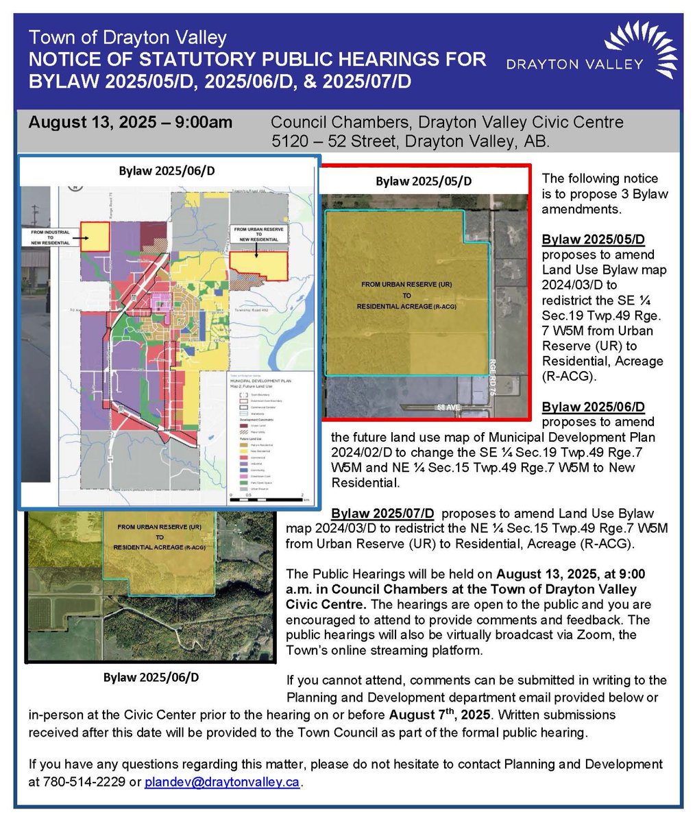 A Public Hearing has been scheduled for 9 a.m. on August 13, 2025 regarding proposed amendments to Bylaw 2025/05/D, Bylaw 2025/06/D, and Bylaw 2025/07/D. Please see the attached notice for details.