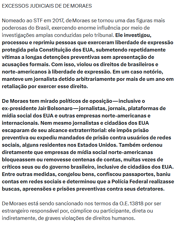 Esse é o trecho principal da nota do Tesouro que explica os motivos que levaram às sanções contra Moraes: