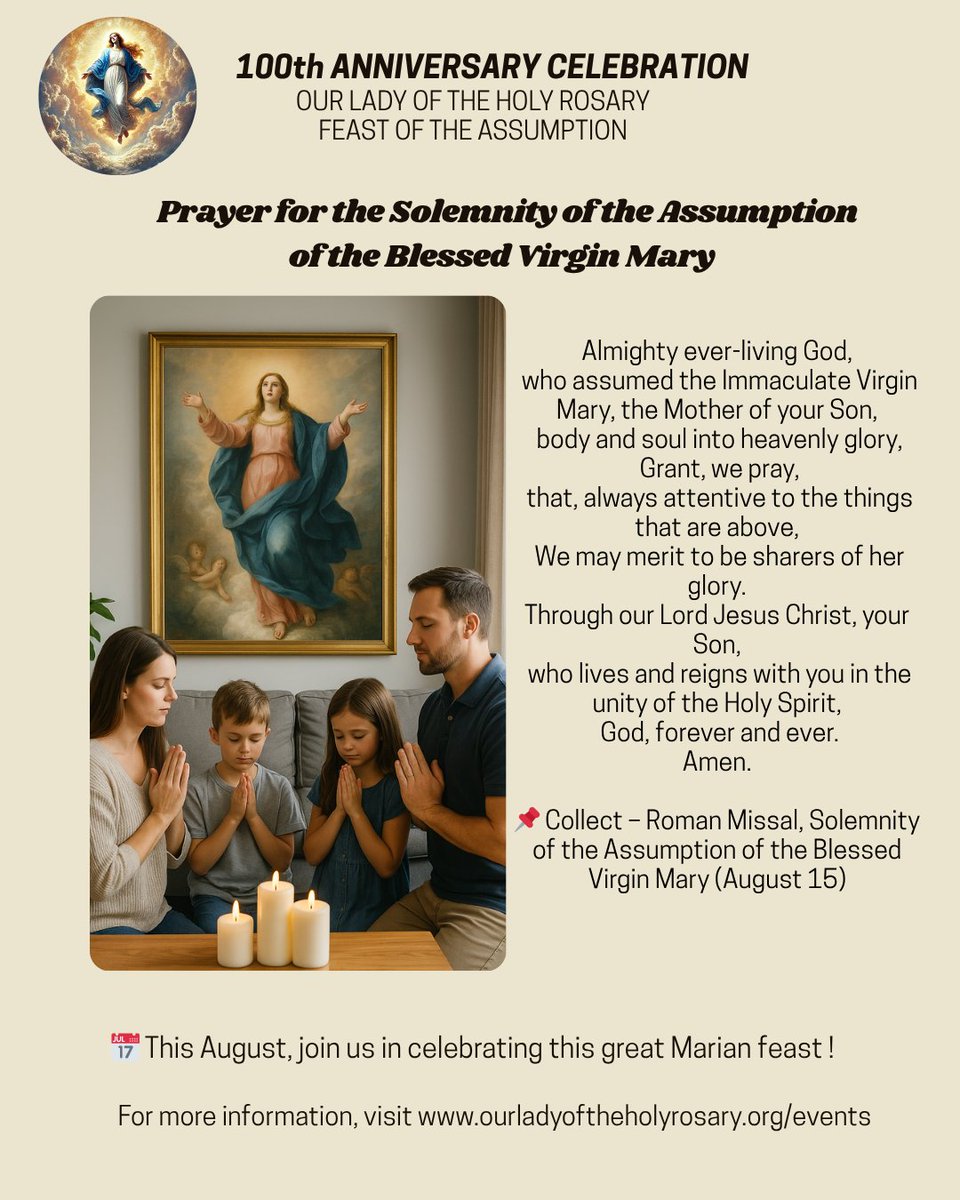 OlhrChurch's tweet image. 🌿✨ Prayer &amp;amp; Celebration: Solemnity of the Assumption of the Blessed Virgin Mary ✨🌿
As we prepare to celebrate the Assumption of our Blessed Mother into Heaven, let us join in prayer and joyful community!
#AssumptionOfMary #CatholicFeast #OLHR #MarianDevotion #Triduum