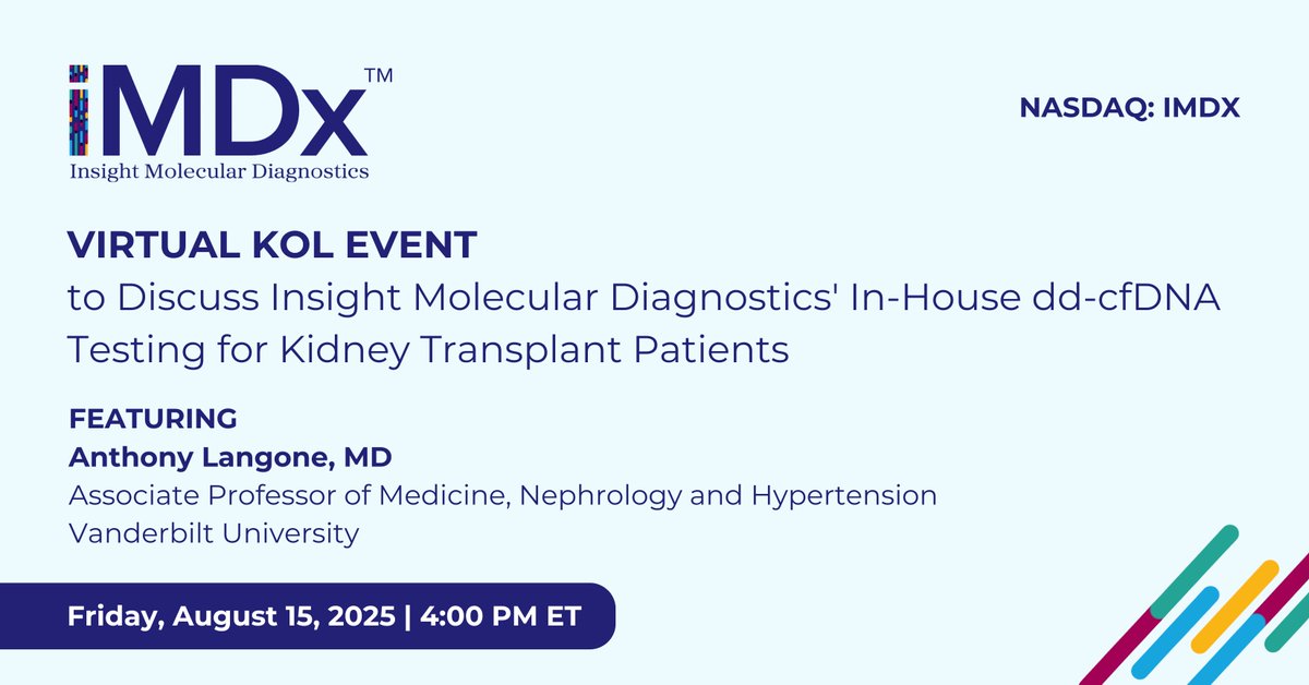 Join <a href="/iMDxInc/">iMDx Inc.</a> $IMDX for a virtual KOL event on August 15 at 4pm ET with Dr. Anthony Langone, NPI for iMDx’s kidney transplant trial, to discuss the role of dd-cfDNA in transplant care, patient management, and the benefits of in-house testing.

Register: lifescievents.com/event/pwfy3c9a…
