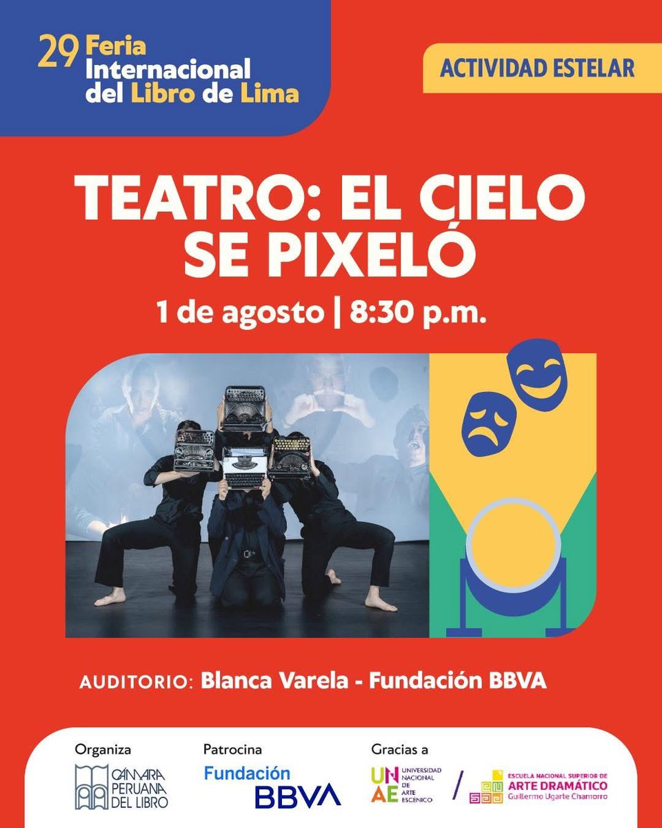 🎭 Este 1 de agosto, vive “El cielo se pixeló”, obra de la UNAE y la Ensad sobre nuestra fragilidad y humanidad.

📍 Auditorio Blanca Varela

ℹ️ Aforo limitado. Actividades sujetas a cambios.