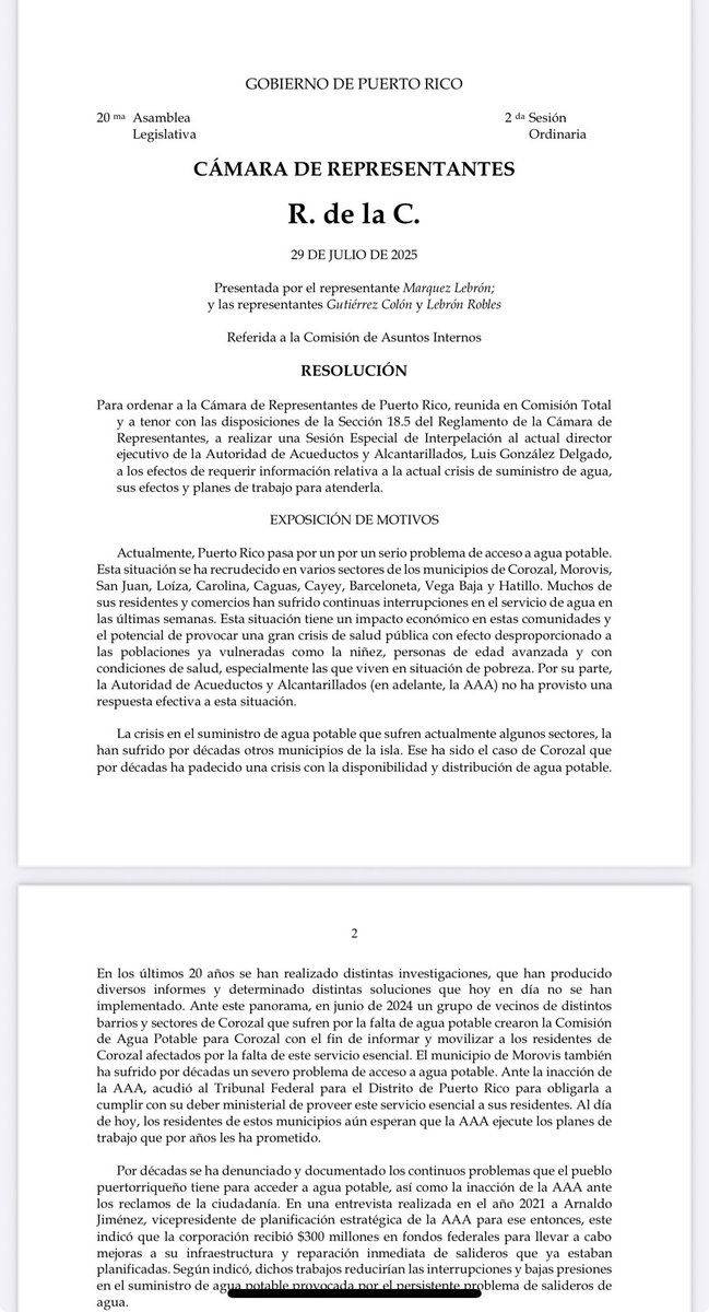 PIP radica resolución para interpelar al Director de la AAA ante la crisis de agua.