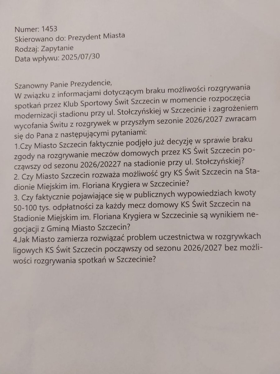 Maciej Kopeć (@kopecmkopec) on Twitter photo W związku niepokojącymi informacjami dotyczącymi braku możliwości rozgrywania w #Szczecin od przyszłego sezonu piłkarskiego spotkań przez KS Świt Szczecin złożyłem w tej sprawie zapytanie do <a href="/PrezydentSz_n/">Prezydent Szczecina</a> W związku niepokojącymi informacjami dotyczącymi braku możliwości rozgrywania w #Szczecin od przyszłego sezonu piłkarskiego spotkań przez KS Świt Szczecin złożyłem w tej sprawie zapytanie do <a href="/PrezydentSz_n/">Prezydent Szczecina</a>