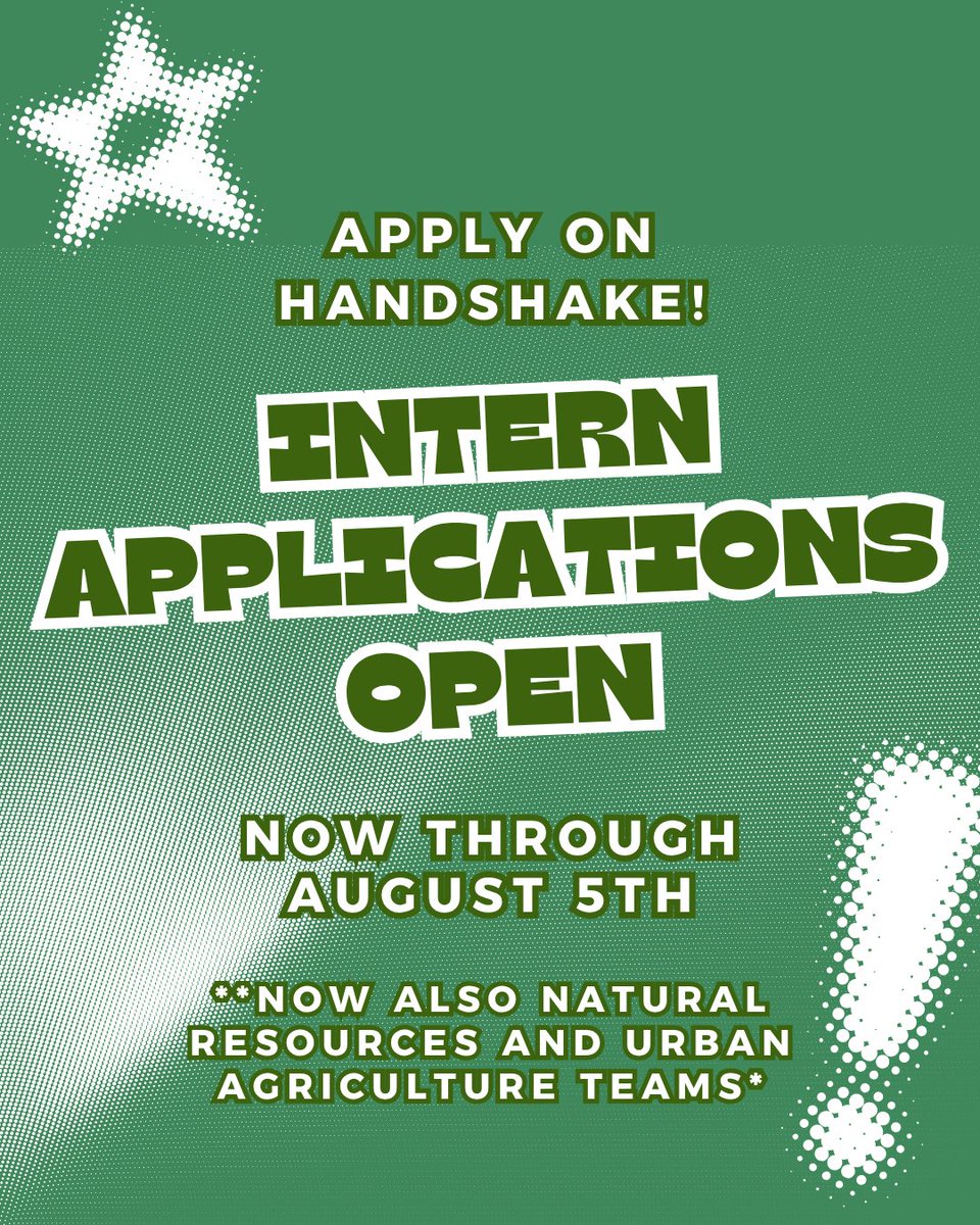 We're looking for a few more people to join our Natural Resources &amp; Urban Agriculture teams! Applications open now through Aug 5th. Internship commitment for Fall '25 &amp; Spring '26. Intern duties can be found in the app description on Handshake (also linked in our Linktree) 🌱🐞🍁