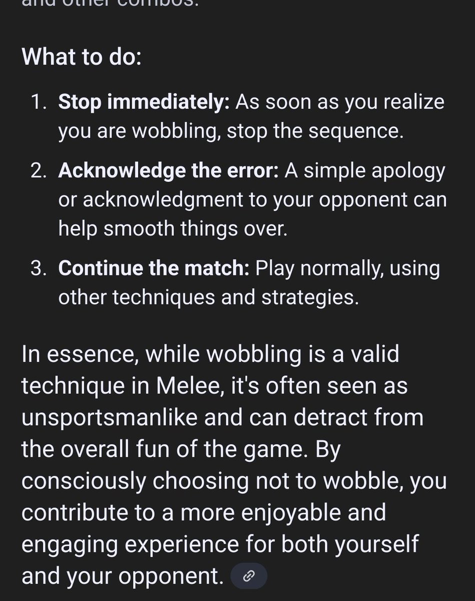 I googled "Help, I accidentally wobbled someone in SSBM. What should I do". 

The AI overview said "Here's why you should stop and what to do instead" and gave me these three pointers: