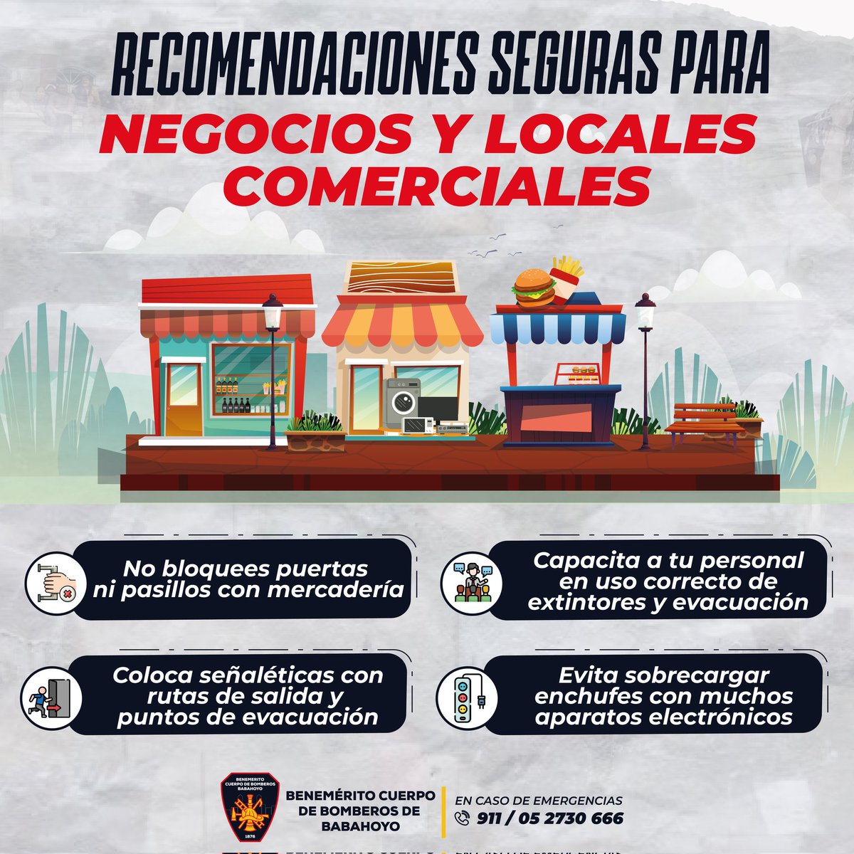 📌ℹ️ Estas recomendaciones te ayudarán a prevenir riesgos y mantener seguro tu local comercial.

📲🧯 Revisa la imagen y pon en práctica cada consejo.

#TrabajamosEnPrevención
#BomberosBabahoyo