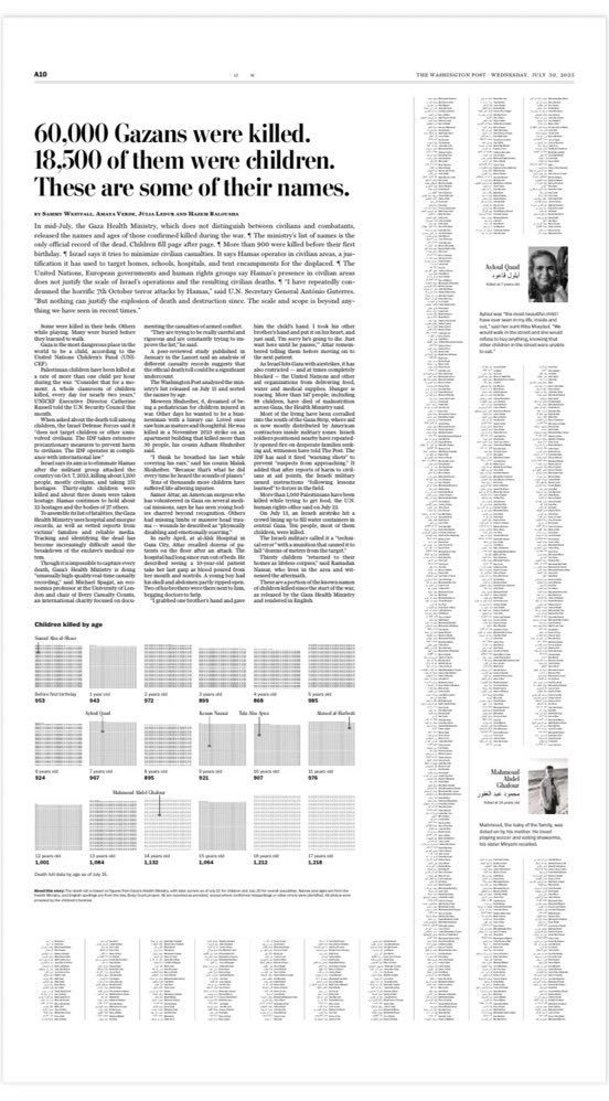 Le <a href="/washingtonpost/">The Washington Post</a> publie le nom de 18.500 enfants assassinés par Israël.

C’est pas une guerre.

C’est un GÉNOCIDE