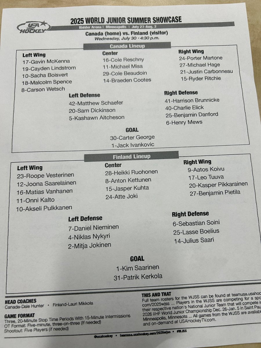 Another day at the World Junior Summer Showcase. USA vs. Sweden, Finland vs Canada. Lines for the day