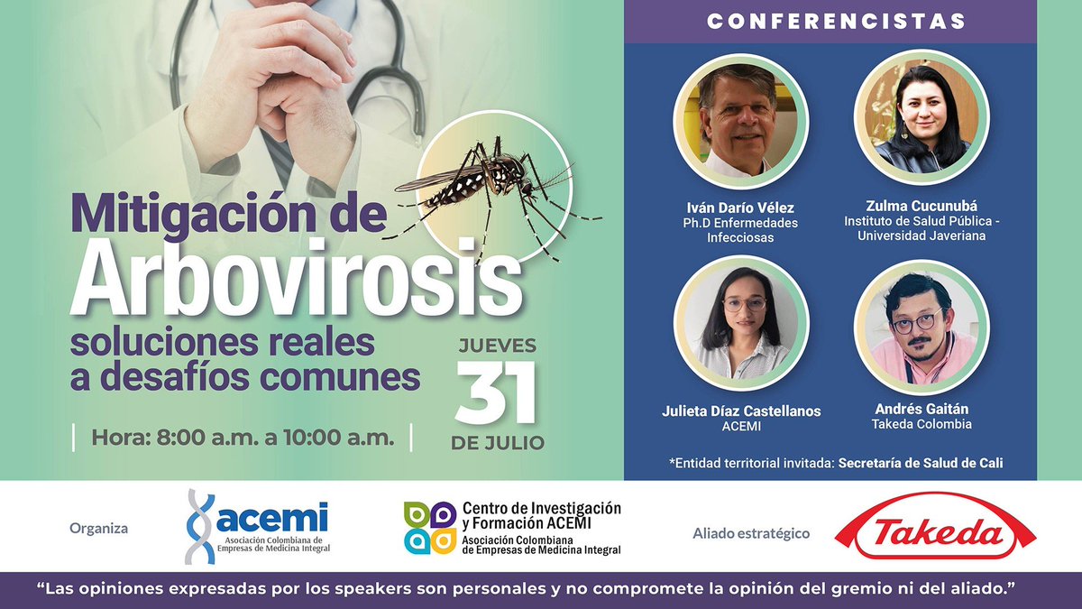 Este jueves 31 de julio a partir de las 8:00am conéctese al webinar 'Mitigación de Arbovirosis: soluciones reales a desafíos comunes'.

Conozca a nuestros invitados 🔽

Acceso gratuito con inscripción previa.
Inscríbase aquí 👉 forms.office.com/r/mHUa7usbLg