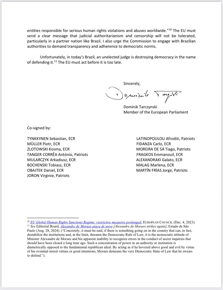 Today, I, along with 15 other Members of the European Parliament, sent a letter to <a href="/kajakallas/">Kaja Kallas</a>, High Representative of the Union for Foreign Affairs and Security, urging her to recommend that the Council impose targeted sanctions against Brazilian Supreme Court Justice Alexandre