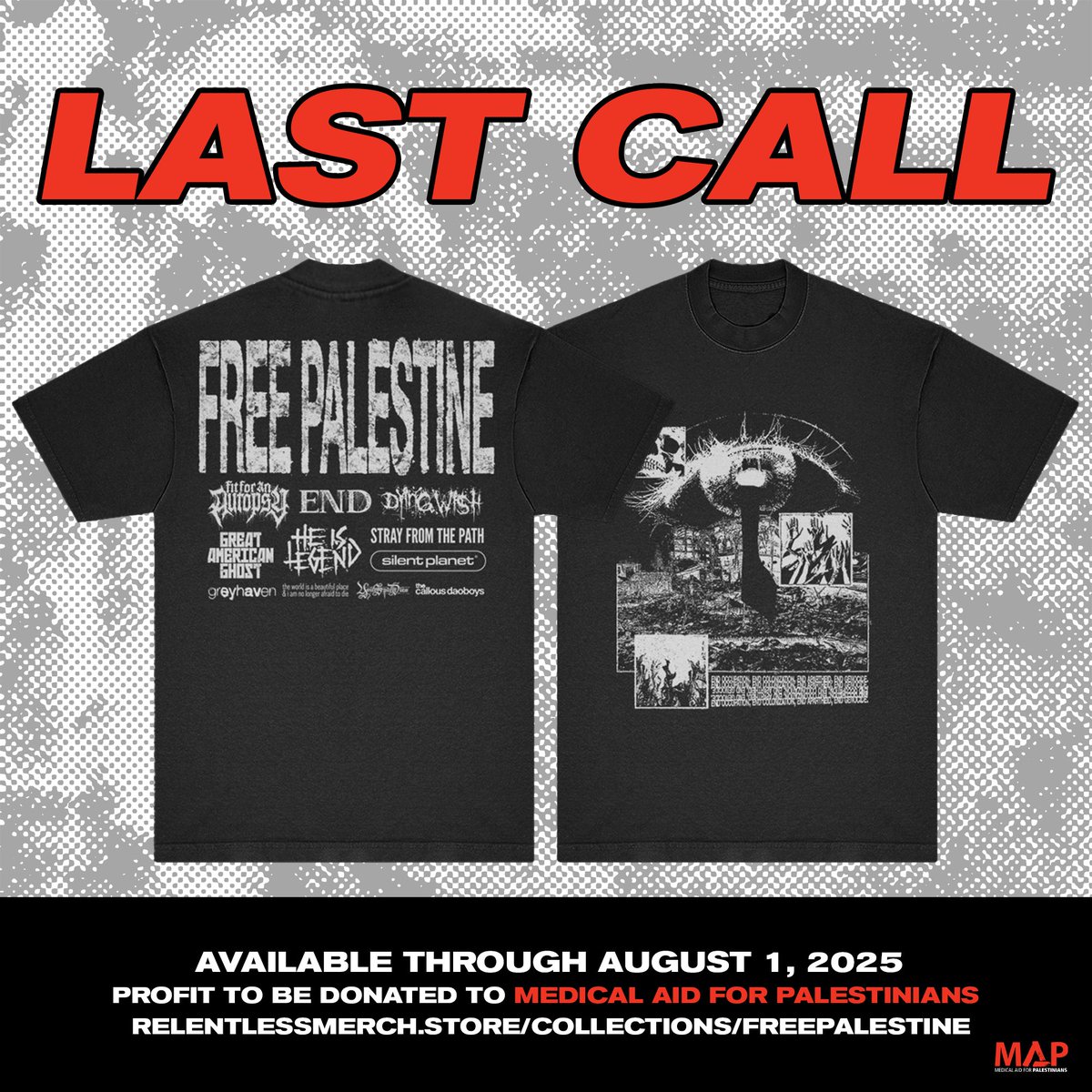 hello loves. these charity tees for Medical Aid For Palestinians will be gone soon. all love to the amazing bands who made this possible, and everyone who had contributed to this vital cause. plant the tree of life inside the war machine.