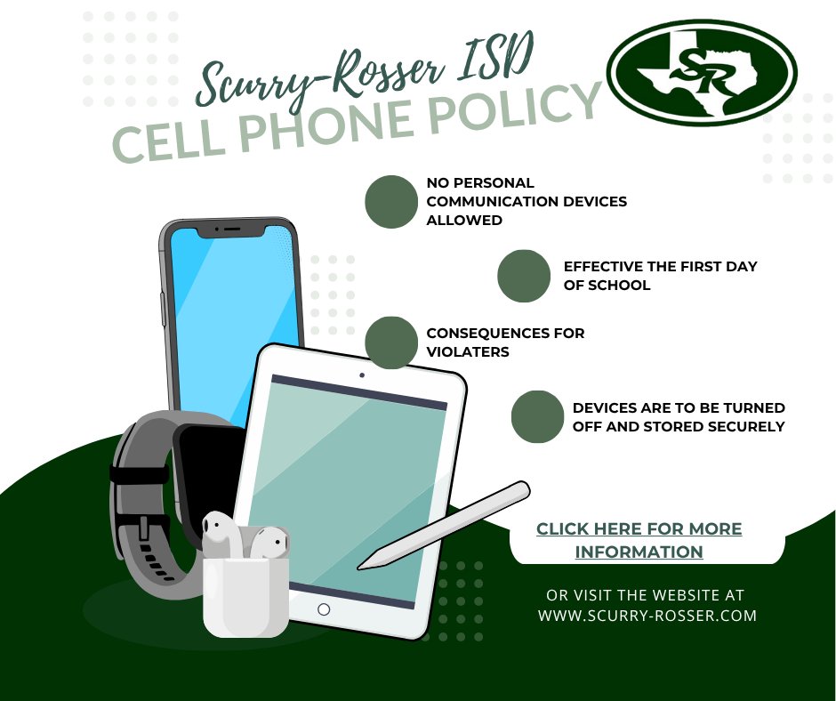 Scurry-Rosser ISD will require all students to turn off and store their personal devices in a secure location during the day.  For more information, visit scurry-rosser.com/page/parents-s….