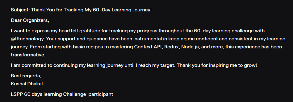 kushaldhakal216's tweet photo. Day 1-60: 60-Day Learning Journey with @lftechnology
Began with basic JavaScript to master React  hooks, and Router
Explore hosting vercel and Node.js core modules
Ended with HTTP servers after 60 days
Thank You Organizers

#LSPPDay1_60 #60DaysOfLearning2025 #LearningWithLeapfrog https://t.co/hUaGuortA6
