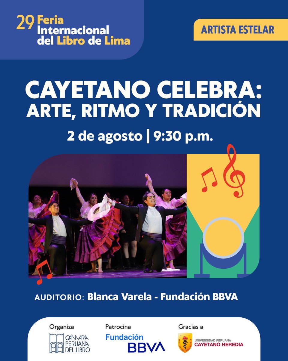💃🎶 Este 2 de agosto, disfruta “Cayetano celebra: arte, ritmo y tradición”, espectáculo con identidad y talento universitario.

🗓️ Vie 2 – 9:30 p.m.
📍 Auditorio Blanca Varela

ℹ️ Aforo limitado. Actividades sujetas a cambios.