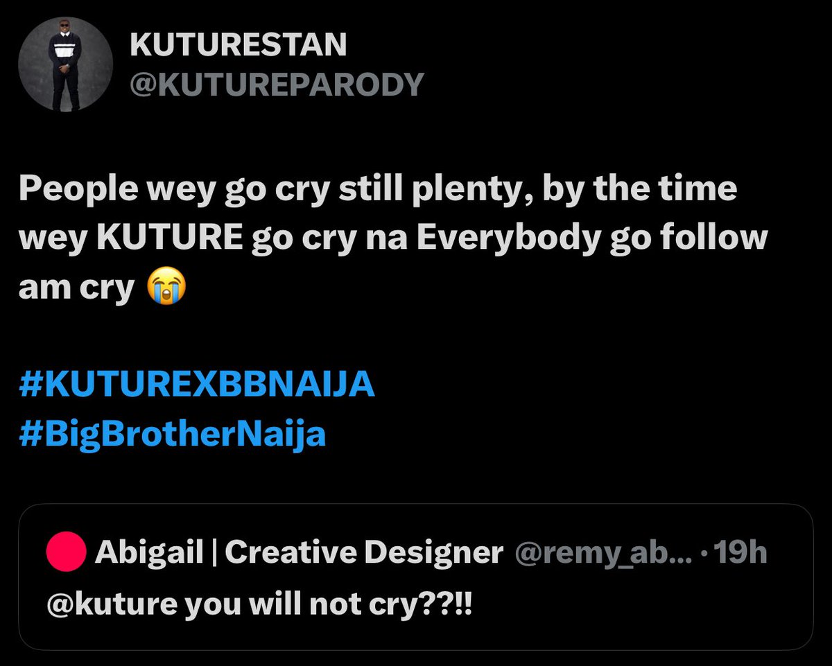 KUTURE_FANPAGE's tweet image. lol, said it before, people wey go cry still plenty, cause Everything you’ll see is reality!!

#KUTURE 
#KUTUREXBBNAIJA 
#BBNaija10 
#BBNaija2025