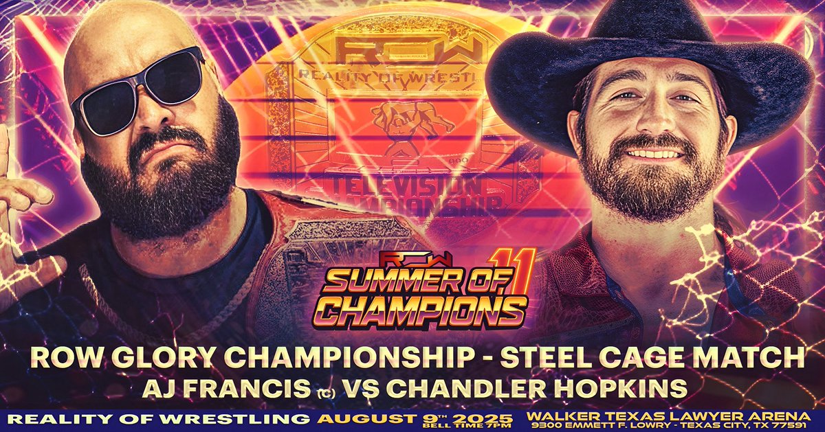 Reality of Wrestling (@theofficialrow) on Twitter photo ‼️ STEEL CAGE MATCH ‼️
There’s no escape… no backup… and nowhere to run.
TNA Superstar and GLORY Champion <a href="/AJFrancis410/">A.J. FRANCI$ 💰</a> vs <a href="/TheYoungGun_CH/">Chandler Hopkins 💪🤠</a> will be locked inside a STEEL CAGE at SUMMER OF CHAMPIONS. #SOC11
This rivalry has been building for the past 6 Months and will finally ‼️ STEEL CAGE MATCH ‼️
There’s no escape… no backup… and nowhere to run.
TNA Superstar and GLORY Champion <a href="/AJFrancis410/">A.J. FRANCI$ 💰</a> vs <a href="/TheYoungGun_CH/">Chandler Hopkins 💪🤠</a> will be locked inside a STEEL CAGE at SUMMER OF CHAMPIONS. #SOC11
This rivalry has been building for the past 6 Months and will finally