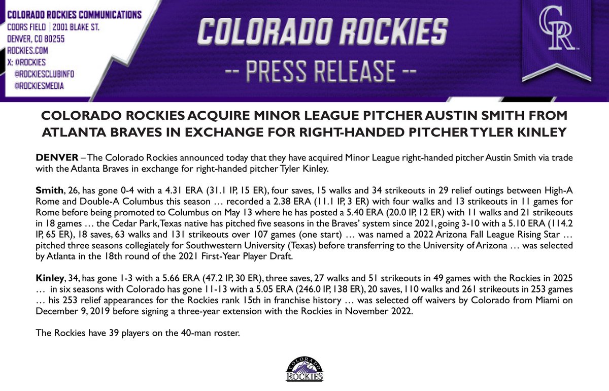 The Rockies announced today that they have acquired Minor League RHP Austin Smith via trade with the Atlanta Braves in exchange for RHP Tyler Kinley.