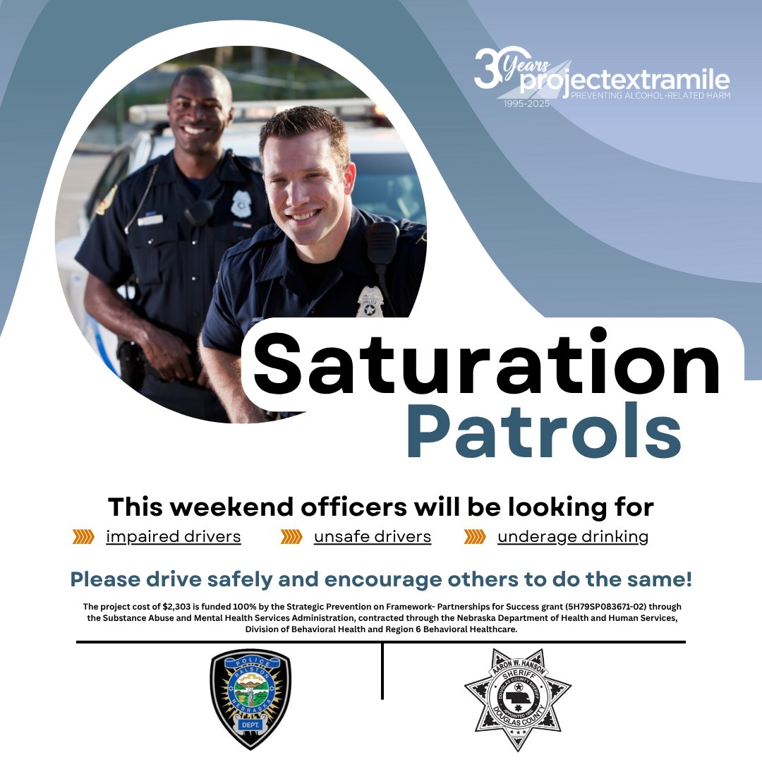 Project Extra Mile (@projectxtramile) on Twitter photo We are working with <a href="/RalstonPolice/">Ralston Police</a> & <a href="/DCSheriffNE/">DCSO - Omaha, NE</a> to keep our roads safe this weekend. Extra officers will be on patrol; drive safe & sober and encourage others to do the same. A DUI or MIP crash or arrest can change your life forever. <a href="/omaha_scanner/">Omaha Scanner</a> We are working with <a href="/RalstonPolice/">Ralston Police</a> & <a href="/DCSheriffNE/">DCSO - Omaha, NE</a> to keep our roads safe this weekend. Extra officers will be on patrol; drive safe & sober and encourage others to do the same. A DUI or MIP crash or arrest can change your life forever. <a href="/omaha_scanner/">Omaha Scanner</a>