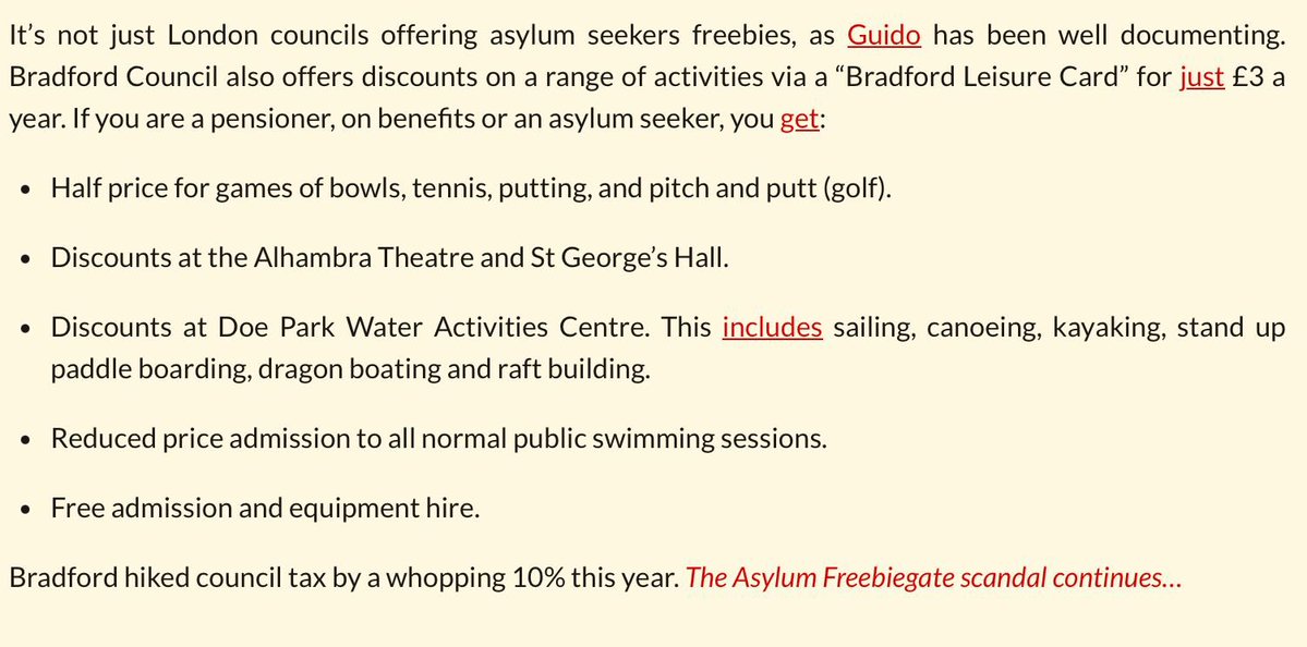 You couldn’t quite make it up. 

While residents in Keighley and Ilkley are hit with a 10% council tax hike, Bradford Council are offering half-price sailing, free swimming, theatre discounts and more to asylum seekers through their “Leisure Card” scheme.

The Leisure Card is