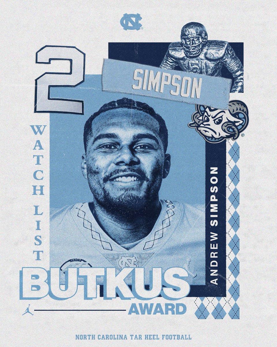 Carolina Football (@uncfootball) on Twitter photo Congratulations to <a href="/dreww___2/">Andrew Simpson ²</a> for being named to the Butkus Award Watch List!
🔗: goheels.com/news/2025/7/30… Congratulations to <a href="/dreww___2/">Andrew Simpson ²</a> for being named to the Butkus Award Watch List!
🔗: goheels.com/news/2025/7/30…