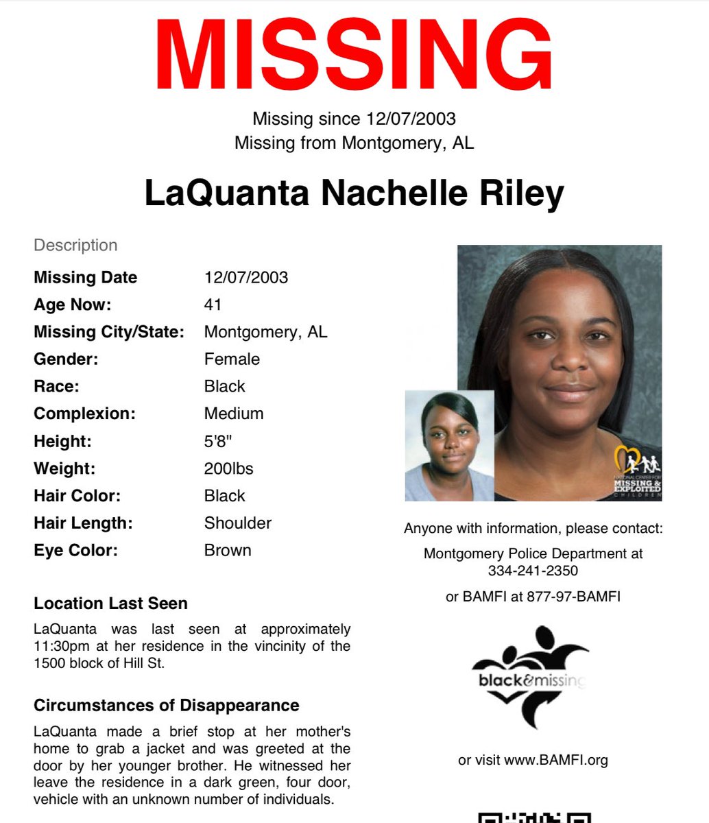 BAM_FI's tweet photo. #Montgomery, #AL: Then 19y/o #LaQuantaRiley was last seen around 11:30p at her residence in the 1500blk of Hill St. She made a stop at her mom’s home to grab a jacket & was greeted by her brother. He saw her leave in a dark green 4-door vehicle w/ an unknown number of individuals https://t.co/oIsQyQkzaQ