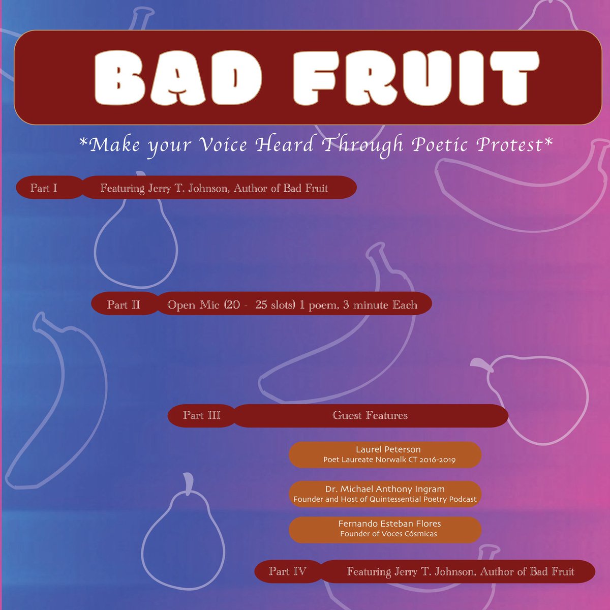 Bad Fruit Zoom launch Aug 2nd @ 2 pm!! Check out this event to have a moment in the spotlight and also meet amazing writers! 

There’s only 24 spots so sign up quickly! 

gnashingteethpublishing.com/jerry-t-johnso… 

#badfruit #event #zoomlaunch #launch #poetry #poems