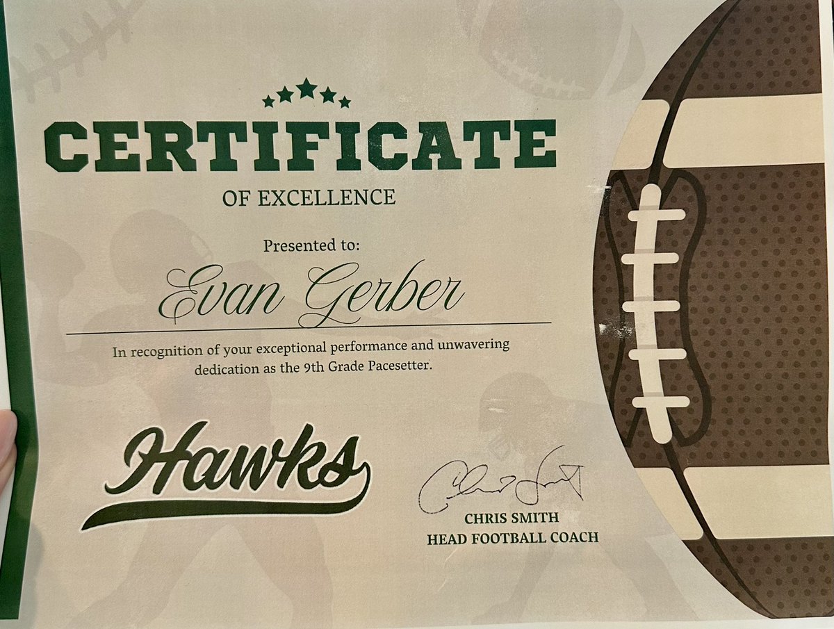 Evan Gerber (@evangerber10) on Twitter photo 🙏🏾 <a href="/BIRDVILLE_FB/">HAWK FOOTBALL</a> Summer Camp Award for exceptional performance and unwavering dedication as the 9th Grade Pacesetter. 🙏🏾 <a href="/BIRDVILLE_FB/">HAWK FOOTBALL</a> Summer Camp Award for exceptional performance and unwavering dedication as the 9th Grade Pacesetter.
