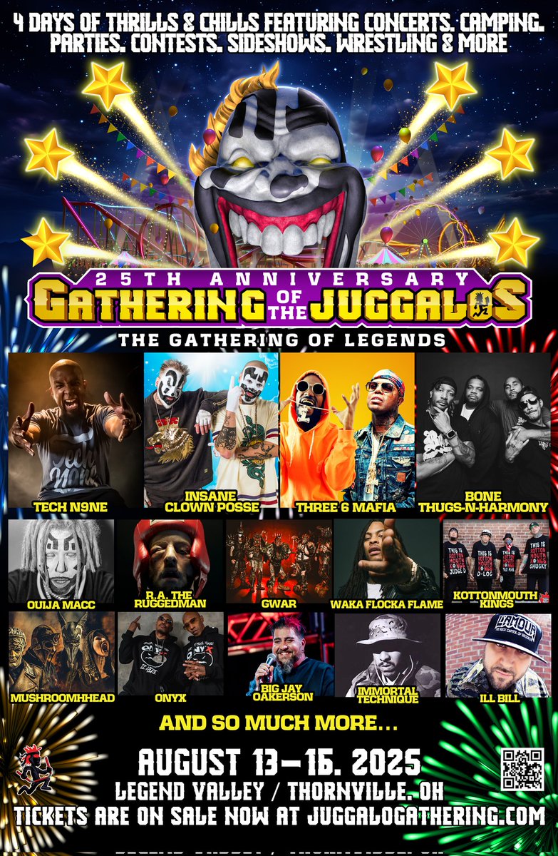 Insane Clown Posse (@icp) on Twitter photo ๐ง-๐ ๐๐ก๐จ๐ฆ ๐ญ๐ฐ ๐๐๐ฌ๐ฆ ๐จ๐ก๐ง๐๐ ๐ง๐๐ ๐๐๐ง๐๐๐ฅ๐๐ก๐!
You feel that? That buzzing in the air, that rumble under your boots? That ainโt no earthquake โ It's the Dark Carnival stirring awake, calling us HOME. Thatโs right, ninjas: THE GATHERING OF THE JUGGALOS IS DAMN ๐ง-๐ ๐๐ก๐จ๐ฆ ๐ญ๐ฐ ๐๐๐ฌ๐ฆ ๐จ๐ก๐ง๐๐ ๐ง๐๐ ๐๐๐ง๐๐๐ฅ๐๐ก๐!
You feel that? That buzzing in the air, that rumble under your boots? That ainโt no earthquake โ It's the Dark Carnival stirring awake, calling us HOME. Thatโs right, ninjas: THE GATHERING OF THE JUGGALOS IS DAMN