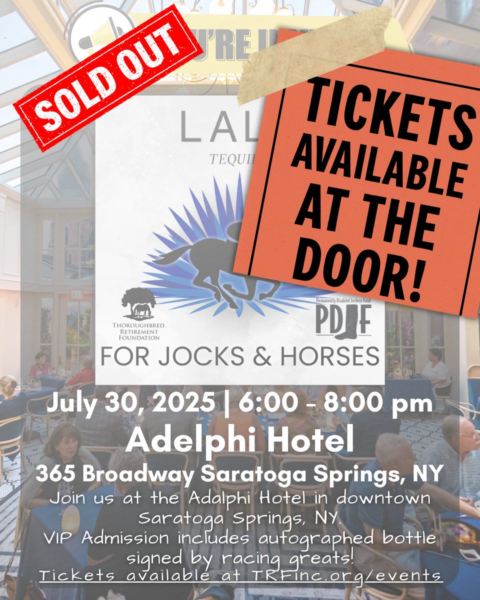 UPDATE: Online tickets are sold out — but you can still join us! 🎉

Tickets will be available at the door for tonight’s LALO Tequila for Jocks &amp; Horses Cocktail Social.

📍 The Adelphi Hotel, Saratoga Springs
🕕 6:00–8:00 PM, Wednesday, July 30
<a href="/PDJFund/">PDJF</a>