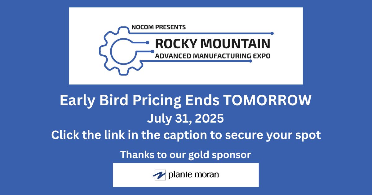 MfgPartnership's tweet photo. ⏳ Last chance! Early bird pricing ends TOMORROW (7/31) for #RMAME
Join us Oct 7–8 @ Forge Campus, Loveland, CO.

Exhibitor booths, industry networking, career connections &amp; more.

🎟️ https://t.co/L1mD6Brv8a 
Gold Sponsor: @PlanteMoran

#ForgeTheFuture #ManufacturingExpo https://t.co/MpdgeNPi2E