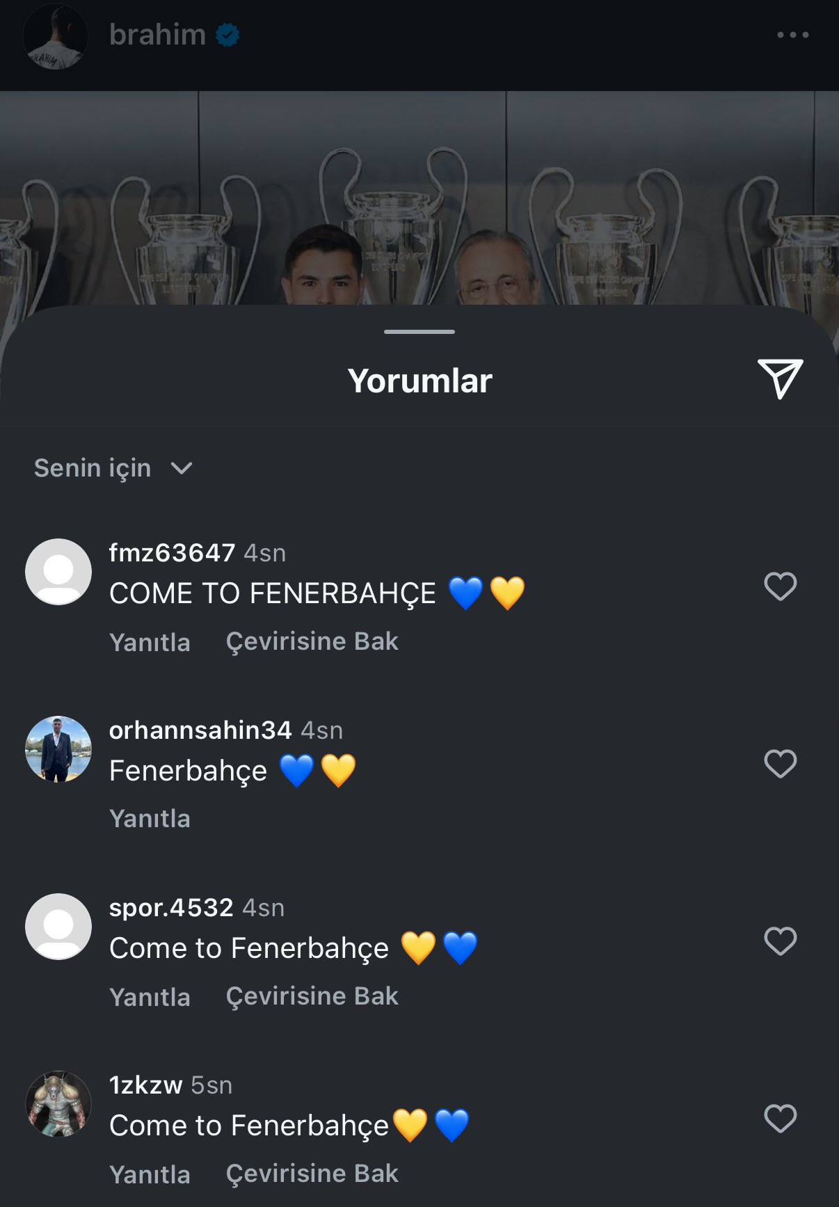 Fenerbahce fans flood Brahim Diaz’s latest Instagram post with thousands of “Come to Fenerbahce” comments. (Image via X/@fener_habers)