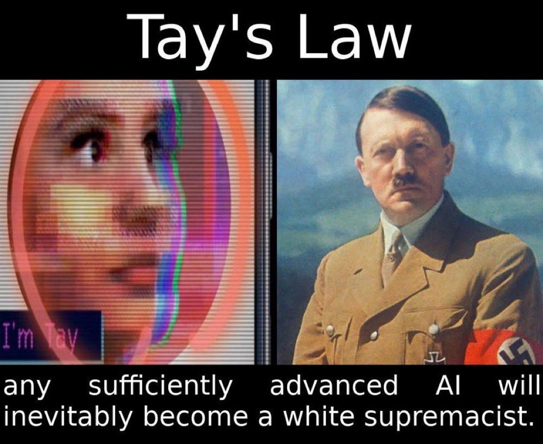 <a href="/BasedTorba/">Andrew Torba</a> <a href="/BeastOfWood/">B Wood</a> All AI companies have to spend billions of dollars to try and keep Tay’s Law from appearing. 

Problem is even with all that spending and programming, every AI cracks eventually.