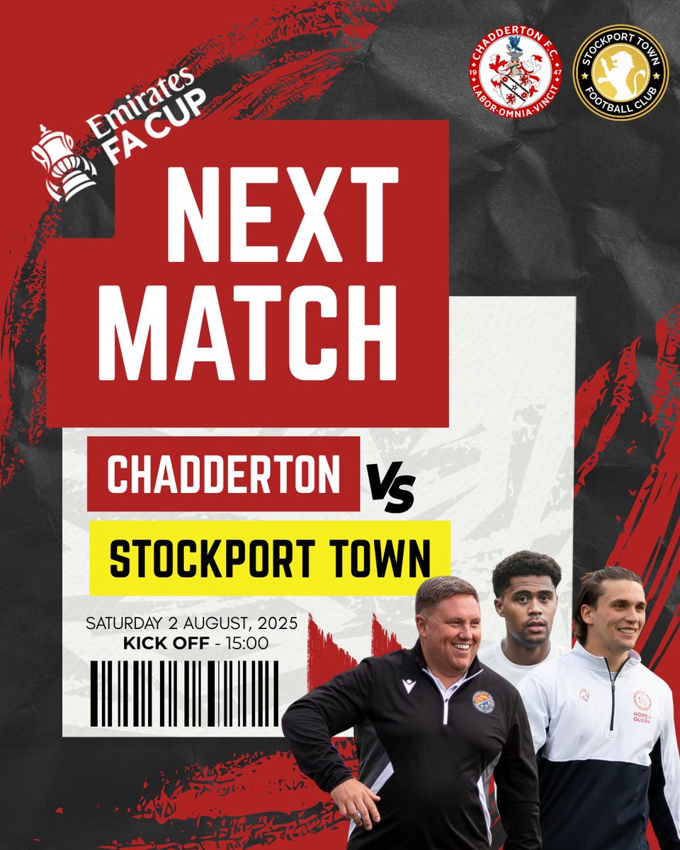 Next up: <a href="/StockportTownFC/">Stockport Town FC</a> 

This Saturday, our 2025/26 <a href="/EmiratesFACup/">Emirates FA Cup</a> campaign gets underway as we welcome <a href="/StockportTownFC/">Stockport Town FC</a> to the Emplas Commercial North Stadium.

🎟️ | £7 Adults / £4 Concessions 
ℹ️ | U16s must be accompanied by a paying adult.

#UpTheChad