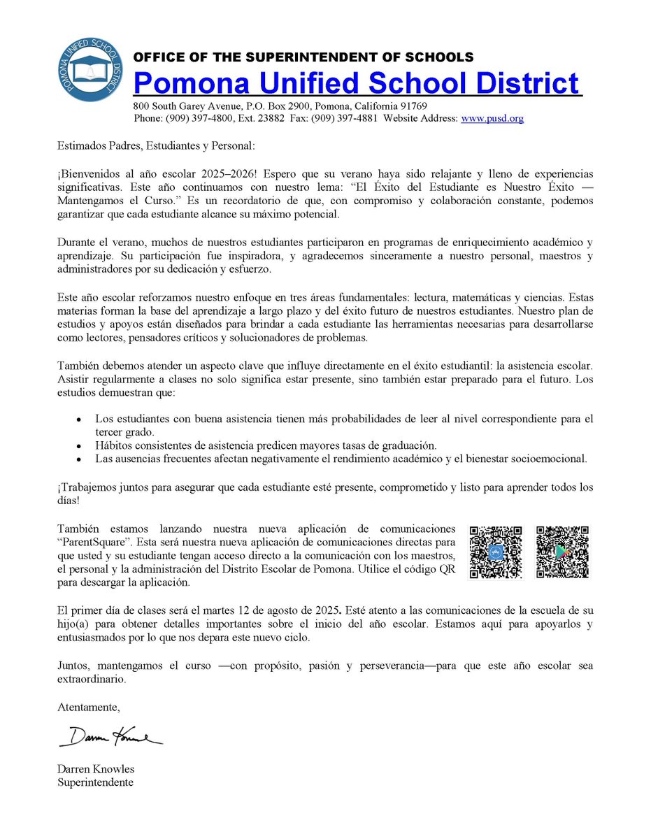 Dear Parents, Students and Staff: Welcome to the 2025–2026 school year! I hope your summer was refreshing and full of meaningful experiences. This year, we proudly continue with our guiding theme: “Student Success is Our Success — Stay the Course.” It is a