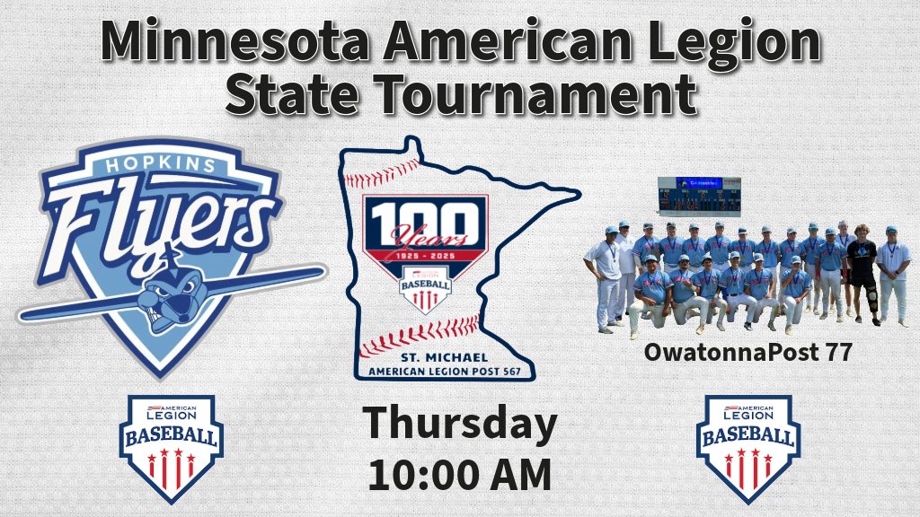 Good luck to the Hopkins Flyers who begin play at the Minnesota @LegionBaseball State Tournament on Thursday. 
They face Owatonna Post 77 at the St. Michael Lower Recreation Center Park. 
docs.google.com/spreadsheets/d…