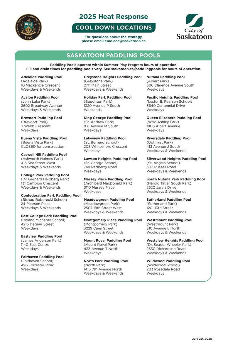 ⚠️The Extreme Heat and Air Quality Emergency Response Plan will be activated from JULY 30 to AUGUST 3. Please share this list of cool down locations across #yxe. When outdoors, be sure to have a plan to stay hydrated and stay cool. For more info, visit saskatoon.ca/heat.