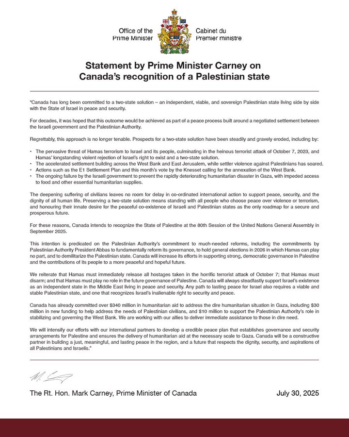 Statement by Prime Minister Carney on Canada’s recognition of a Palestinian state.